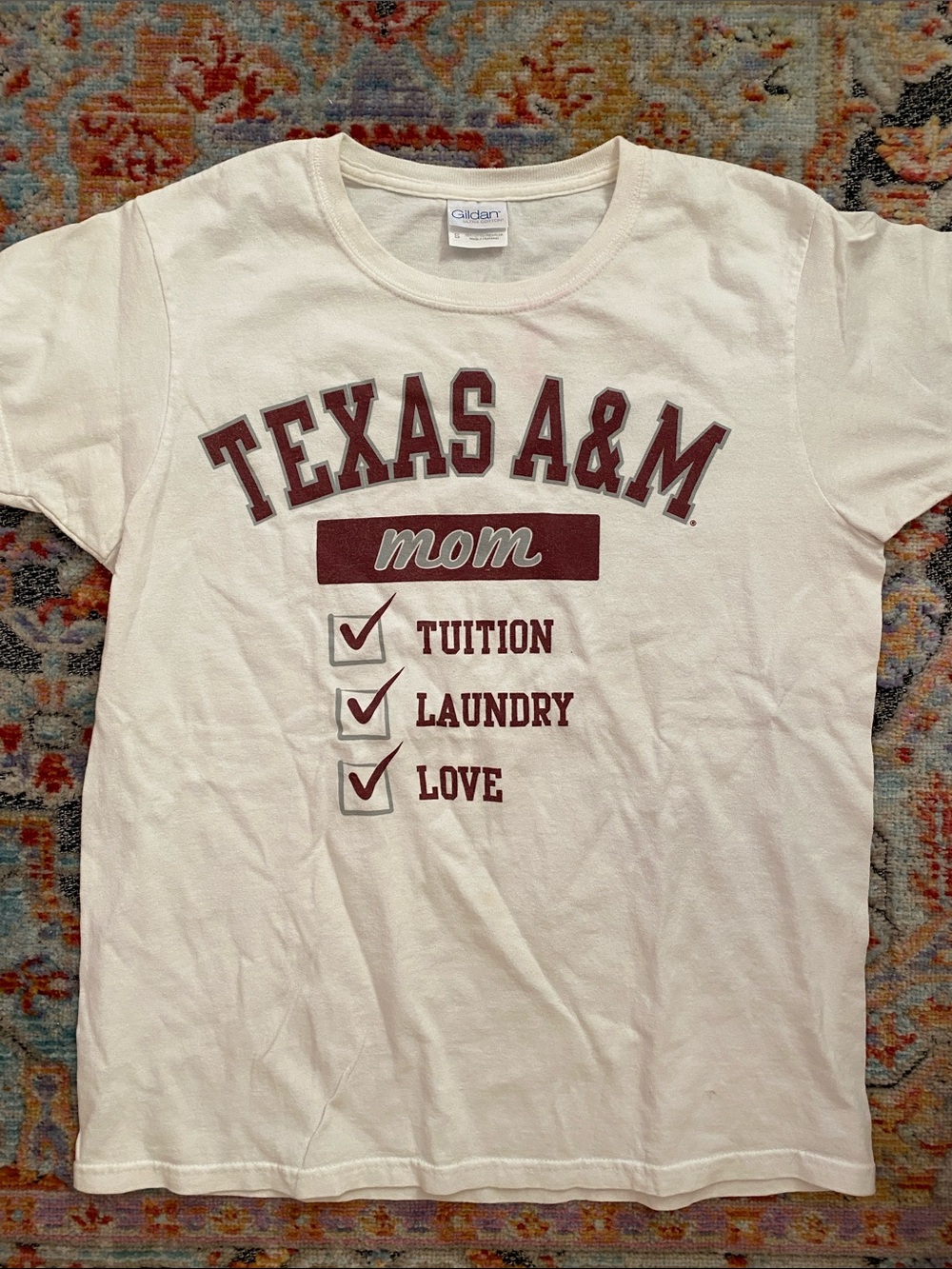 Gildan White Tee with Maroon Texas A&M Aggie Mom Print